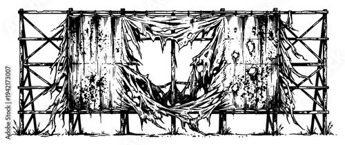 Torn fabric banner on scaffolding frame vintage engraving style