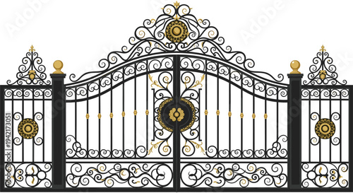 A magnificent black wrought iron gate, featuring a dominant central arch and intricate gold medallions, exhibits symmetrical scrollwork against a stark white background.