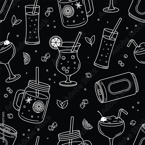 Seamless drink and beverage doodle pattern featuring various refreshing drinks illustrated in clean outline style