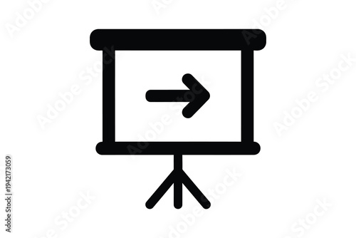 A black and white icon of a presentation screen with an arrow pointing right on a stand, used for business and education purposes.