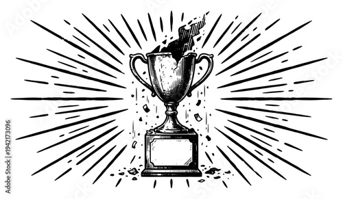 Winner trophy cup with sunburst rays vintage engraving style
