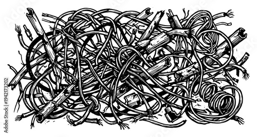 Tangled electrical wires and cables pile representing electronic waste in vintage engraving style