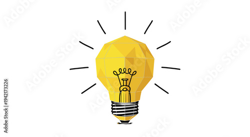 A stylized yellow light bulb, crafted with a low-poly geometric design, illuminates with a visible filament and radiating black lines, casting a shadow on a white background.