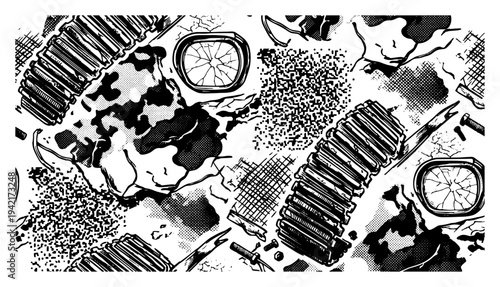 Abstract industrial pattern with mechanical parts and halftone textures in vintage engraving style