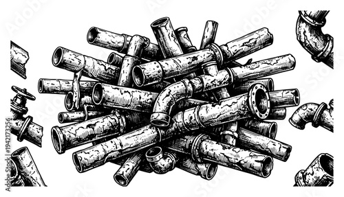 Stack of old rusty industrial pipes and plumbing tubes in vintage engraving style
