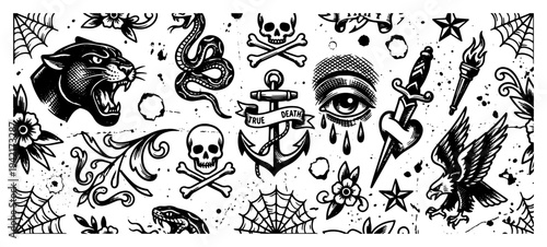 Traditional tattoo flash collection featuring panther skull snake and anchor in vintage hand drawn style