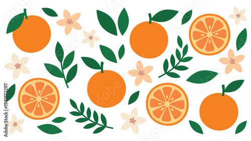 Orange fruit citrus blossoms and green leaves flat vector collection