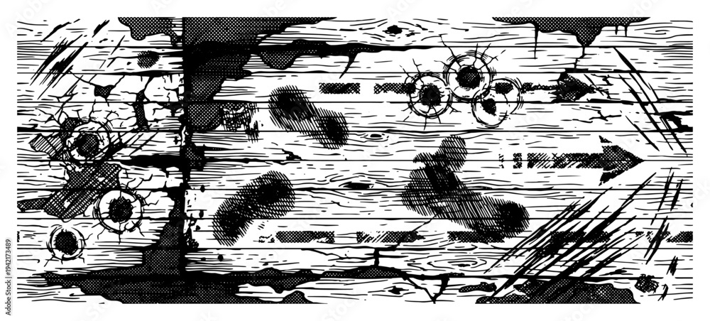 Fototapeta premium Weathered wooden surface featuring bullet holes and deep scratches in vintage engraving style