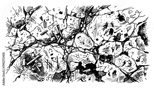 Cracked stone wall with broken pieces and deep fissures vintage engraving style