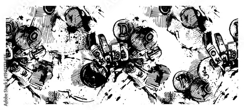 Broken photography equipment with camera lenses and film reels in distressed engraving style