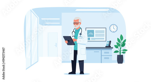 An experienced elderly male doctor with a beard and glasses, wearing a white lab coat and stethoscope, stands in a contemporary clinic office holding a clipboard.