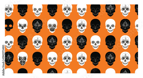 A vibrant, seamless pattern displays rows of alternating black and white stylized human skulls arranged uniformly across a bright orange background.