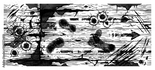 Weathered wooden surface featuring bullet holes and deep scratches in vintage engraving style