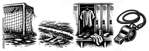 Soccer sports elements including broken goal mud locker and referee whistle in vintage engraving style