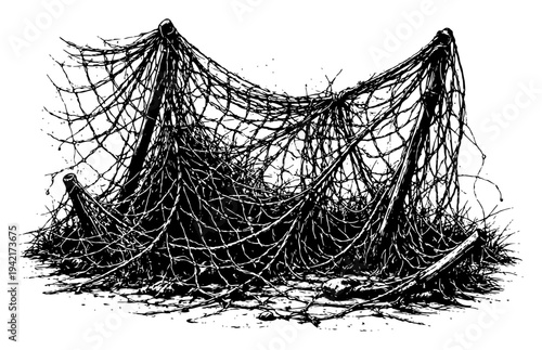 Tangled fishing net abandoned on the ground in vintage engraving style