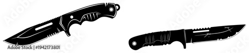 Tactical survival knives with serrated edges and ergonomic handles in high contrast graphic style