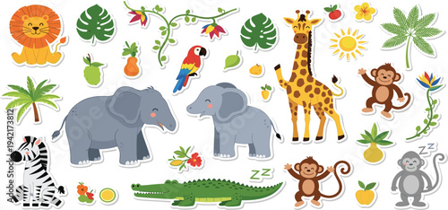 Cute Jungle Animals Sticker Collection with Lion Elephant Giraffe Monkey Zebra Crocodile and Tropical Plants Cartoon Vector Set