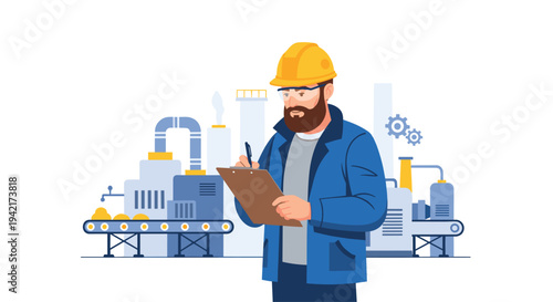 A focused male engineer wearing a yellow hard hat and safety glasses is diligently taking notes on a clipboard in an industrial setting.