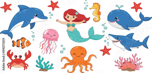 Cute mermaid and ocean animals cartoon vector set with dolphin whale shark octopus crab jellyfish and coral illustration