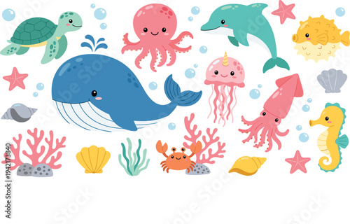 Cute ocean animals cartoon vector set with whale dolphin turtle octopus squid seahorse crab and coral reef elements