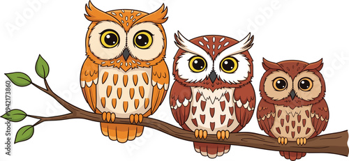 Cute Owl Family Sitting on Tree Branch Cartoon Bird Characters Colorful Forest Wildlife Vector Illustration