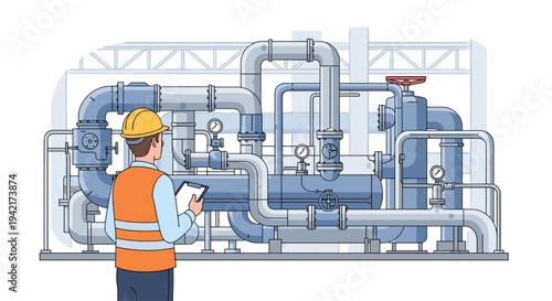 A safety-vested industrial worker in a yellow hard hat stands observing a complex array of interconnected pipes and gauges within a factory.