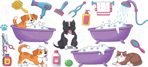 Cute Pet Grooming Vector Set with Dogs and Cat Bathing Accessories Cartoon Illustration Collection