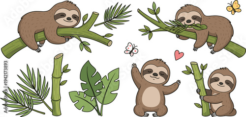 Cute Sloth Cartoon Collection with Bamboo Branches Tropical Leaves and Adorable Jungle Animal Vector Illustration Set