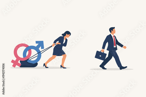 Businesswoman Struggling to Drag Heavy Gender Symbols Representing Inequality and Double Burden While Businessman Walks Freely with Briefcase Illustrating Workplace Gender Gap and Bias