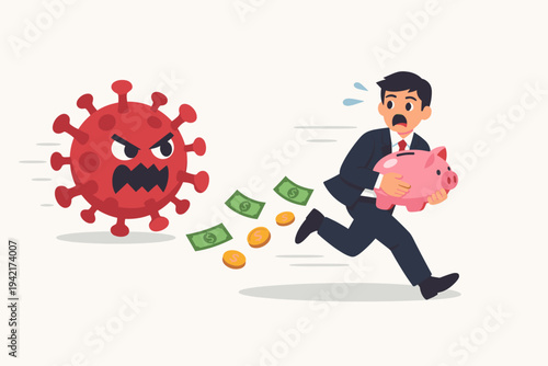 Scared businessman in suit running away from giant angry red coronavirus cell while holding pink piggy bank and losing money coins and bills, concept of economic crisis and financial pandemic impact.