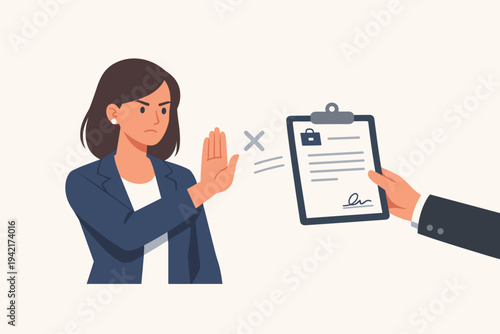 Businesswoman in a suit making a stop hand gesture to reject a job contract offer or business agreement held on a clipboard, flat vector illustration of professional refusal and career choice.