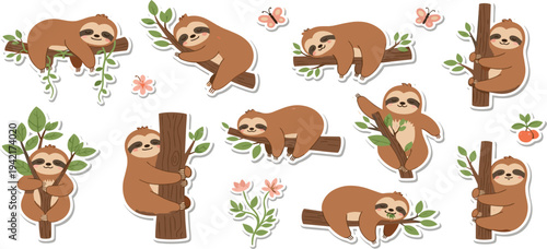 Cute Sloth Sticker Collection with Tree Branches Flowers and Tropical Leaves Adorable Jungle Animal Cartoon Vector Set