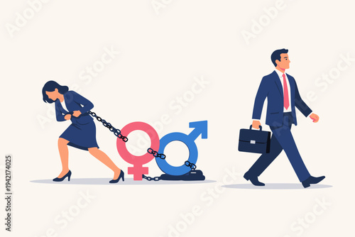 Businesswoman struggling to drag heavy gender symbols on chains while a businessman walks away freely, representing workplace inequality, gender discrimination, and the glass ceiling effect.