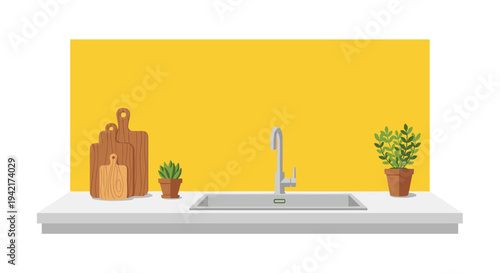 A contemporary kitchen counter showcases a central silver sink with a gooseneck faucet, wooden cutting boards, and two potted plants against a yellow wall.