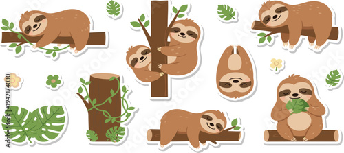 Cute Sloth Sticker Set with Tree Branches Tropical Leaves and Adorable Jungle Animal Cartoon Vector Illustration Collection