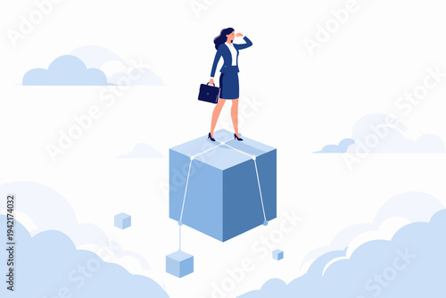 Businesswoman standing on top of a giant floating cube in the sky looking into the distance for future opportunities and vision. Concept of leadership, career success, and strategic planning.