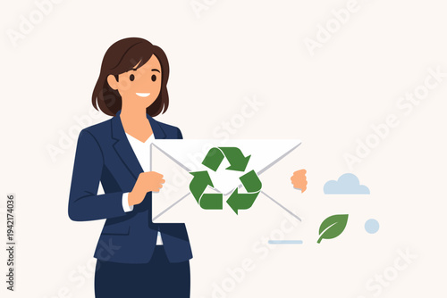 Smiling Businesswoman Holding Large White Envelope with Green Recycling Symbol, Flat Vector Illustration of Eco-Friendly Corporate Communication, Sustainable Business Practices and Green Mail.