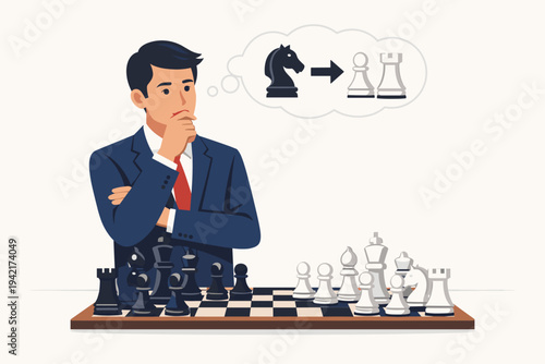 Professional businessman in a suit contemplating a strategic move on a chessboard, flat vector illustration representing corporate strategy, competition, planning, and smart decision making.