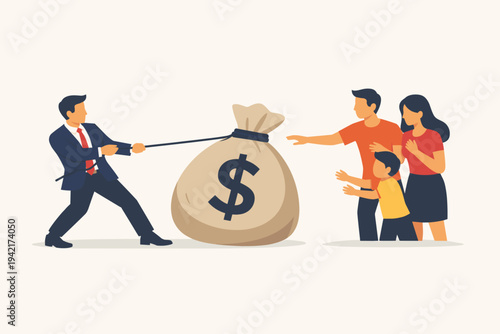 Businessman in a Suit Pulling a Large Sack of Money Away from a Struggling Family with a Rope, Concept of Corporate Greed, Wealth Inequality, Financial Crisis, High Taxes, and Economic Hardship