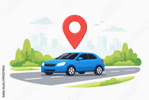 Simple flat vector illustration of a blue car driving on a road with a large red location pin icon above it, representing GPS navigation, vehicle tracking, ride-sharing, and travel destination.