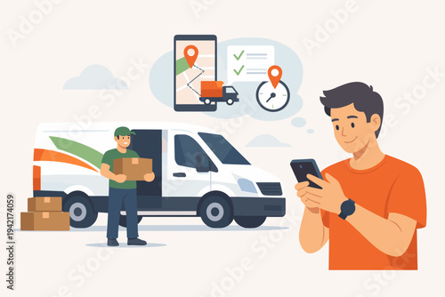 Flat vector illustration of a man tracking an online order on his smartphone with a delivery van and courier in the background. Concept for logistics, shipping service, and mobile app tracking.