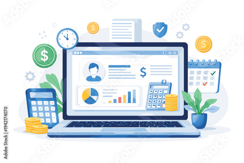 Flat vector illustration of a laptop displaying online payroll software with financial charts, calculator, coins, and calendar for business accounting and human resources management system.