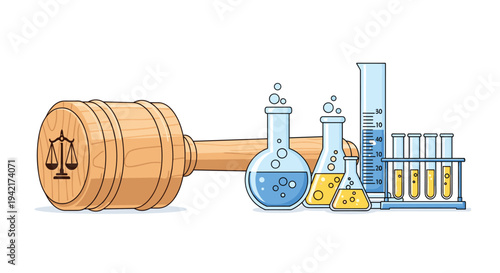 A wooden judge's gavel with a scales of justice emblem rests beside an array of laboratory glassware filled with blue and yellow liquids.