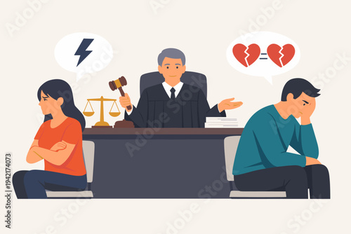 Flat Vector Illustration of a Sad Couple in Court for Divorce Proceedings with a Judge Holding a Gavel and Scales of Justice, Depicting Relationship Conflict, Legal Separation, and Mediation