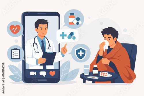 Vector illustration of a sick man sitting at home wrapped in a blanket, consulting a professional doctor via a mobile application on a smartphone for remote medical advice and digital healthcare.