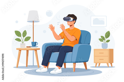 Young man sitting in a blue armchair wearing a virtual reality headset and gesturing with hands, experiencing immersive VR technology in a modern living room, flat vector illustration concept.