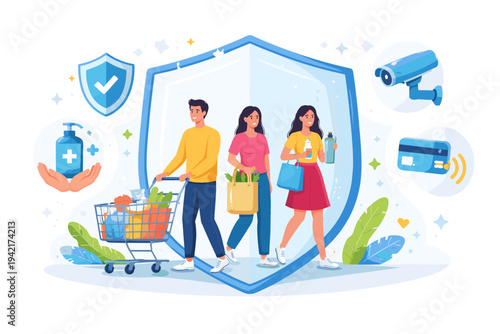 Flat vector illustration of shoppers protected by a large shield, highlighting retail safety measures like hand sanitizer, security cameras, and contactless credit card payments for consumers.