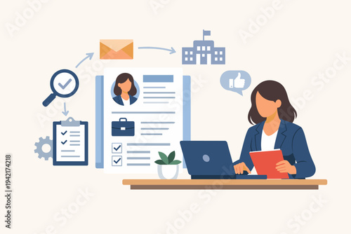 Businesswoman Applying for a Job Online Using a Laptop and Professional Resume. Flat Vector Illustration of Recruitment, Hiring Process, Career Search, Human Resources, and Employment Concept.