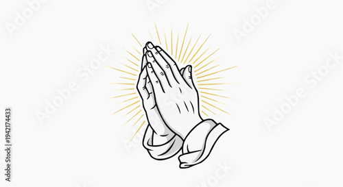 Vector illustration of hands in prayer with a radiant yellow lightning background