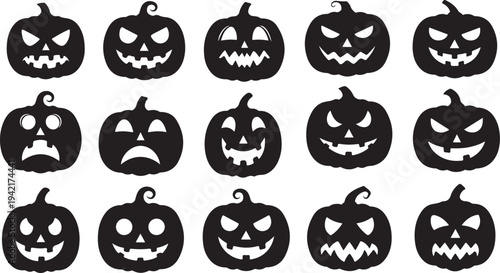 Collection of various spooky jack-o-lantern faces for Halloween